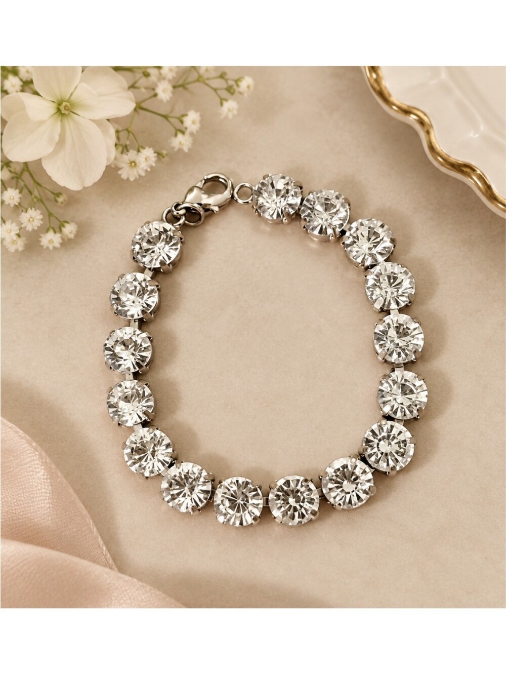 Sparkly Slivertone Bracelet with 16 clear crystals, 6" length